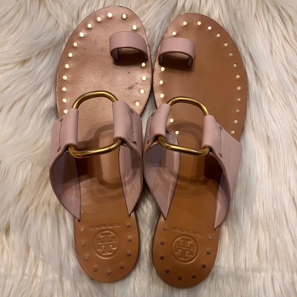 Tory Burch Ravello Pink Leather Ring-Detail Slide Sandals